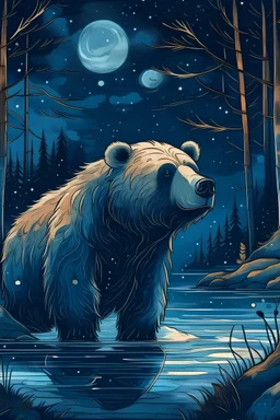 Un retrato al estilo de Edvard Munch de un oso pescando en los bosques canadiense, bajo un cielo estrellado, con una atmósfera misteriosa, una paleta de colores frios, un contraste suave y una luz fuerte y difusa.