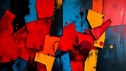 disjointed colors in an abstract composition, featuring bold reds, blues, and yellows, with dark shadows intertwined, creating a sense of depth and intrigue in the imagery.