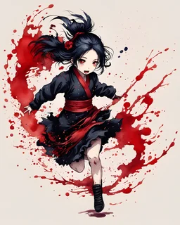 Petit girl goth, run pose, fullbody, splashes blood, behind guts rising from the ground, watercolor illustration by <Katsushika Hokusai>, darkred tones,