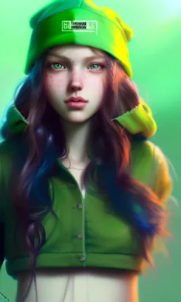 girl, cute, big boobs ,beautiful, long hair, wavy hair, green hair, blue eyes, green beanie, green coat, black tee shirt, green shorts, head and shoulders portrait, 8k resolution concept art portrait by Greg Rutkowski, Artgerm, WLOP, Alphonse Mucha dynamic lighting hyperdetailed intricately detailed