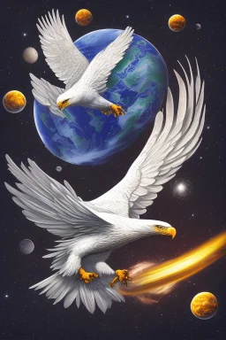 Eagle is flying in the space and is holding the earth in his claws.