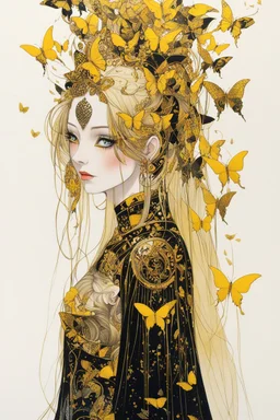 style of Yoshitaka Amano ~ Butterfly Empress, long huge flowing gold hair, yellow eyes. dressed in a cosmic gold plated Armor made of gold butterflies. standing in a room made of butterflies. surrealist. Shades of luminous black and yellow piercing shadow, reminiscent of Beuys and Qian Xuan.