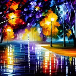 Night raining black and white with purple reflections lake acrylic abstract leonid afremov