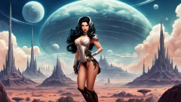 exotic sci-fi pin-up girl, with long dark hair, on an alien planet with cloud trees, tall spires and buildings