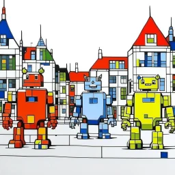 A small city with robots painted by Piet Mondrian