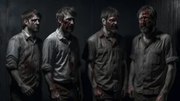 four men zombies in adark room look at the top