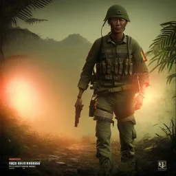 vietnam war. jungle. cd cover. bokeh. lens flare. warm lights. high detailed