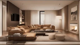 Sala minimalista, grande, tv,sofá castanho, paredes pretas, castanhas e bege, planta, lareira,pintura grande com quadrados