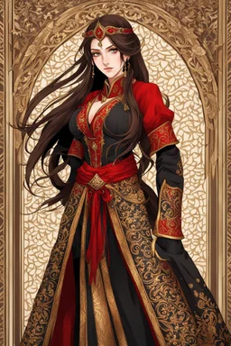 woman with long brown hair and red eyes, medieval concubine, anime style, highly detailed, intricate background, red and black clothes, confident, arrogant