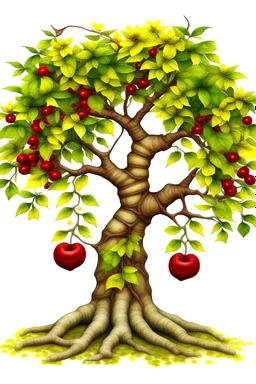 شجرة متفرعة ل 3 اغصان كل غصن يحمل حرف من الحروف n p k وبها جذورقوية تحت الارض وبها ثمار حمراء وزهور صفراء