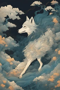 portrait of a mystic wolf disappearing into smoke, by victo ngai, by Hokusai, sacred geometry, medicine, sacred