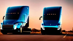 A Tesla semi-truck is parked, in the post-apocalyptic world of the 'Terminator' movies. CINEMATIC. WIDE ANGLE LENS. PHOTO REAL.