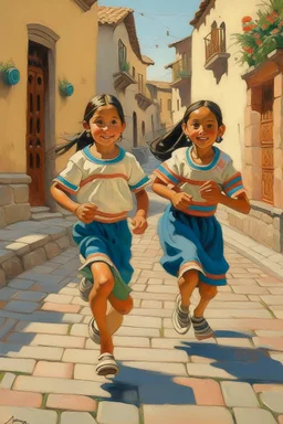 2 maxican childeren running traditional clothes painting neoclassism in a traditional mexican city