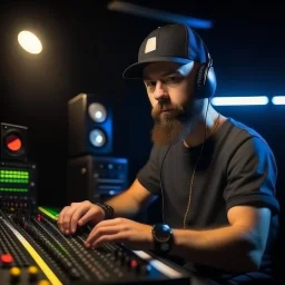 A short brown beard DJ with a baseball hat on his head, sing at microphone, many electronic consoles at club, laser lights, FRONT VIEW