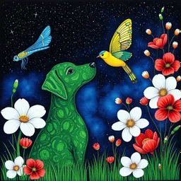 tomoko takeda style, pointillism, maori art, african art, green Dog, blue cat, yellow bird, dragonfly showcasing a variety of colors and patterns on its wings. abstract art. The backdrop is a dark, starry sky, blue light, surrounded by a dreamy blend of big whith and ans red flowers, geen grass like tree. Surrealism. The overall composition creates a magical and serene atmosphere,