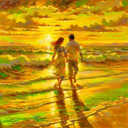 Amidst the beach's embrace, a youthful couple walks, love radiating effortlessly. Sunset's golden touch paints them, shadows intertwining. Her flowing dress mirrors the boundless sky, his gaze, pure devotion. Laughter mingles with waves, creating a symphony. A universe of affection resides in stolen glances, entwined fingers, smiles. Time pauses, their love the focal point. The world fades, leaving their profound connection aglow.