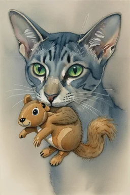 close up portrait of a airbrushed watercolor 26 chalk, a oriental shorthair blue and white tabby cat, with white face and vivid green eyes, playing with a brown and tan stuffed toy squirrel. He has it in his mouth. the background is soft tones of gray and beige.