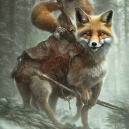 femme renard multicolore guerrière sourire heroic fantasy dans une forêt de sapins brouillard