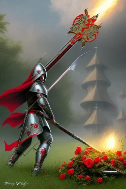 A large metal holy spear weapon covered in rose's and thorns, realistic, fantasy,