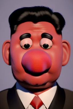 Waist up muppet Portrait, Kim Jong-un muppet doll, black suit, photo studio, red background, unreal engine 5, concept art, art station, god lights, ray tracing, RTX, lumen lighting, ultra detail, volumetric lighting, 3d.