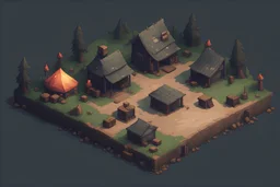 2D game asset, tilmap, dark military camp, pixel art