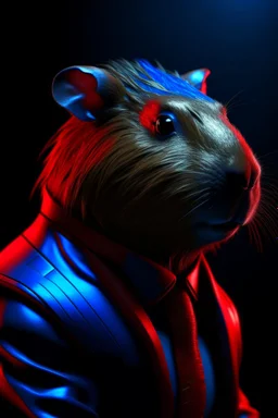 capybara in a mega cool iron super blue + Red suit with on his arms and shoulders, hdr, (intricate details, hyperdetailed:1.16), piercing look, cinematic, intense, cinematic composition, cinematic lighting, color grading, focused, (dark background:1.1)