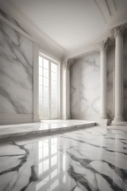 a room with white and grey marble floor , hyper realistic, 14K, Canon 24mm, wide lens