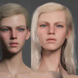 16 years old women, named Gretchen Marie Bernath - light-blonde hair, round blue eyes, medium cold skin tone, defined jawline and cheek bones, full eyebrows, natural, mature, warrior, hard worker, strong, enduring, cocky,