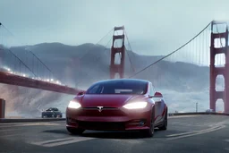 A Tesla 'Model Y' is racing at top speed, on the 'Golden Gate' bridge. (CINEMATIC, WIDE ANGLE LENS, PHOTO REAL)