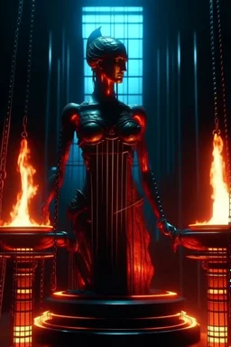 4K. REALISTIC FULL DETAILS. FULL LIGHTS. PORTRAIT OF THEMIS SYMBOL OF JUSTICE BLEEDING WITH SCALES AND A SWORD GODNESS CYBERPUNK IN A JAIL FIRESTARTER