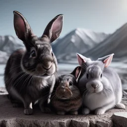 family portrait of 1 grey rabbit, 1 black and grey rabbit, one very old red-headed sleepy cat, winter mountain background,