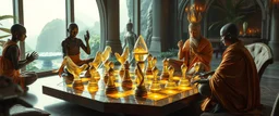 alien levitating yoga monk chess masters playing serious glowing chess on hex map in lounge on beautiful lush planet with huge transparent bird glass alien chess pieces of ships in fountain, also an endless twisted god piece, one of the players is wrestling a queen piece