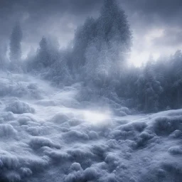 winter landscape, ice field, crystals, dreamlike, foggy