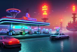 eine tankstelle auf einer plattform schwimmend mitten im wasser umgeben von schiffen, digital part,centered, detailed, 8k, shining, heaven, dampf, cyberpunk art, neon lights, neon signs, night, stars, stadion lichter, wide angle,