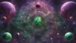 matrix universe, space, planets, god creation. purple, dark green and red, aliens from other dimensions of time