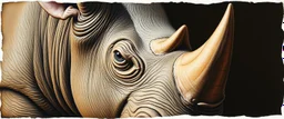 airbrush and pen outline, close up on rhino pig badger , pinhole cam, airbrush 3d rendering, in the style of Titian and Rembrandt , torn edges on border
