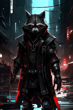 a cyberpunk racoon wizard standing in a city street, black armour, with red highlights, grey cyberpunk city background