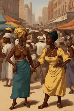 Visualize the bustling slave market in major U.S. cities. Show the duo dominating the trade, with emphasis on the transportation of 10,000 people. Include imagery of the "fancy girls" and their high market value