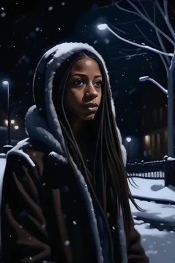 painting of instagram model diamond white with long straight hair, on a dark street in the Bronx at night, it's snowing, dramatic scene, wide shot, dark moody scene, deep shadows.