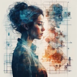 Double exposure silhouetted woman scientist in a laboratory, Carne Griffiths, Minjae Lee, Andreas Lie, Stylized periodic table, Intricate, Complex contrast, HDR, Sharp, soft Cinematic Volumetric lighting, layered overlapping scientific geometry, layered geometric vector art; V-Ray, Unreal Engine 5, angular oil painting, dramatic