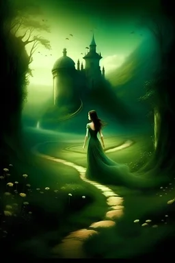 Film Title: "Enchanted Escape" (in bold using markdown(A lush green landscape with a winding path to a majestic house0:02 - [Narrator] "In a world dreams." (A beautiful dressed in an elegant gown along the path.) 006 - [Narr] "Where love knows no." (She enters the and the atmosphere changes transcendental music starts playing.) 0:10 [Narrator] " into a realm of enchant." (Inside the house she discovers a mystical world with vibrant colors and magical beings.) 015 - [Narr] "Where fantasy bl