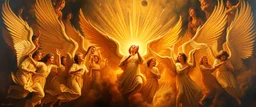 master oil painting by Rembrandt,100 million angels singing, display of god rays