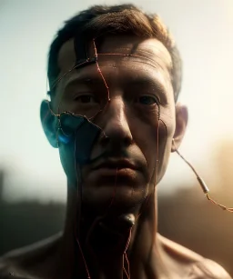 Ultra realistic photographic night portrait, cinematic, naked, young, all shaved <strong man> <hanging wires> many wires coming out of the head <perfect pupil> <cyborg> <garage> <long shot view> <sci-fi futuristic> <thriller>, fog, soft color, highly detailed, unreal engine 5, ray tracing, RTX, lumen lighting, ultra detail, volumetric lighting, high definition.