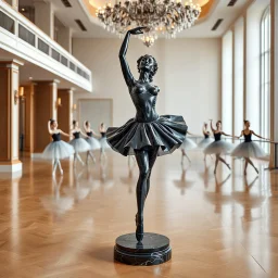 photo of a statue of ballerina made of black marbel in a modern ballroom with some exersising ballerinas