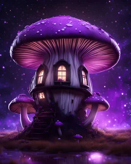 An illogically floating mushroom house on a clear night. white purple black, Stars Dark cosmic interstellar. Detailed Matte Painting, deep color, fantastical, intricate detail, splash screen, hyperdetailed, insane depth, concept art, 8k resolution, trending on Artstation, Unreal Engine 5, color depth, backlit, splash art, dramatic, High Quality Whimsical Fun Imaginative Bubbly, perfect composition