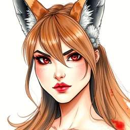 A head-shot of an arrogant woman with long brown hair, fox ears and crimson red eyes, watercolor, intricately detailed