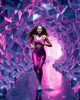 make a picture pretty crystal cave made of and metallic 3d fractal recursive cubic and sphere base structures and a beautiful fashion model lady with cute,curvy long hair,makeup, in pretty sports suit is running inside cave ,dynamic camera fallow her inside cave capturing full body, dynamic lights.