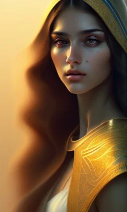 Arab young woman , cute, beautiful, long hair, wavy hair, black eyes,A tuft of hair on the face,Arab cloak، head and shoulders portrait, cinematic, 8k, resolution concept art portrait by Greg Rutkowski, Artgerm, WLOP, Alphonse Mucha dynamic lighting hyperdetailed intricately detailed