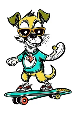 A cartoon DOG with a handlebar mustache and a skateboard tucked under its fin. Style: Retro Comic Book, Mood: Playful and Energetic, Lighting: Flat, bold colors, T-shirt design graphic, vector, contour, white background.