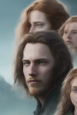 Jeune couple premier plan zoomé, visages hyper détaillés, ultra réaliste, 4k. Fille rousse aux cheveux raides, garçon musclé cheveux dreadlocks longs. Paysage de film ultra réaliste, montagne. D&D, mystique, ultra réaliste, seigneur des anneaux